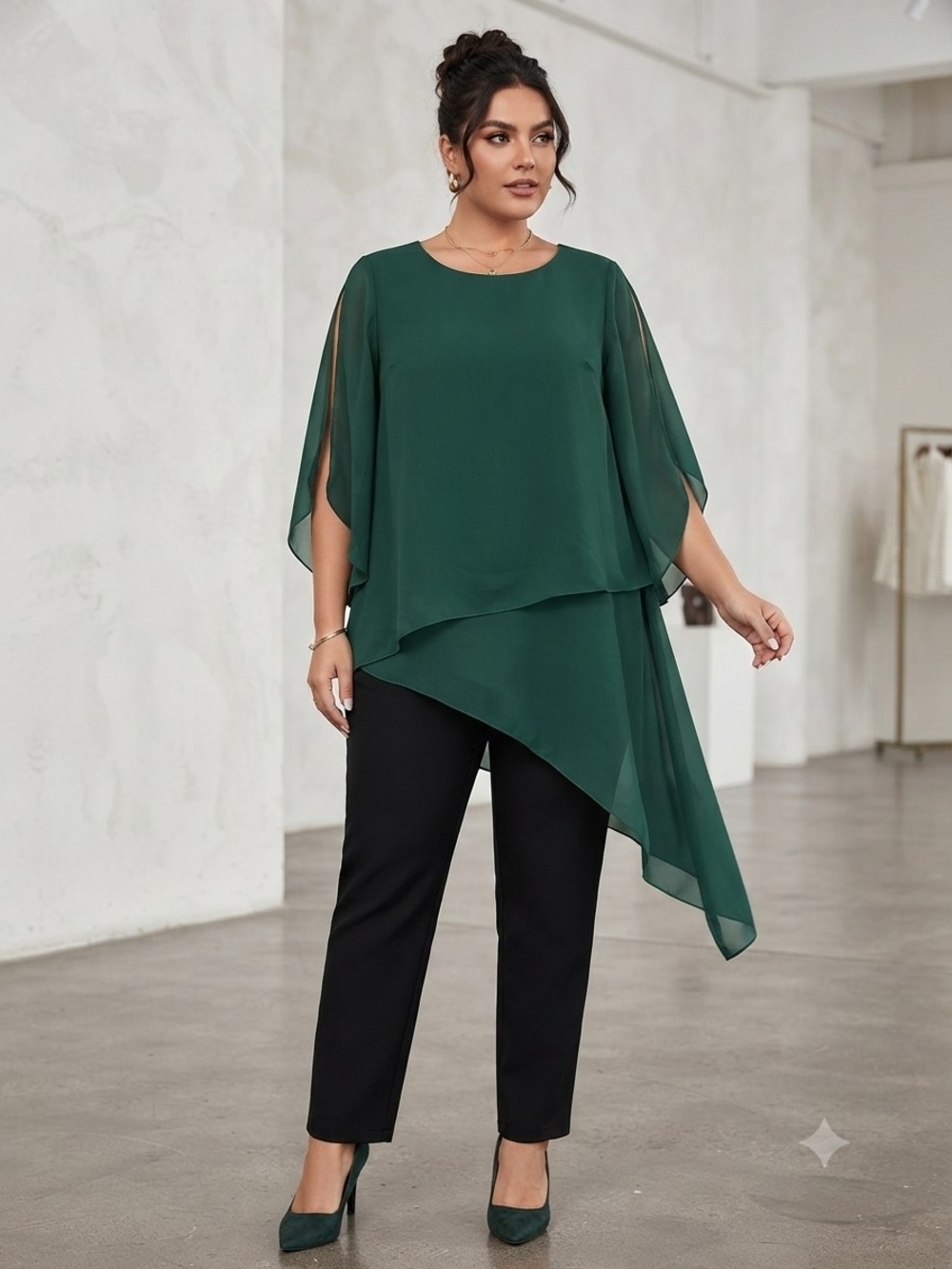 JJs House Emerald Green Asymmetric Chiffon Layered Blouse Size 12